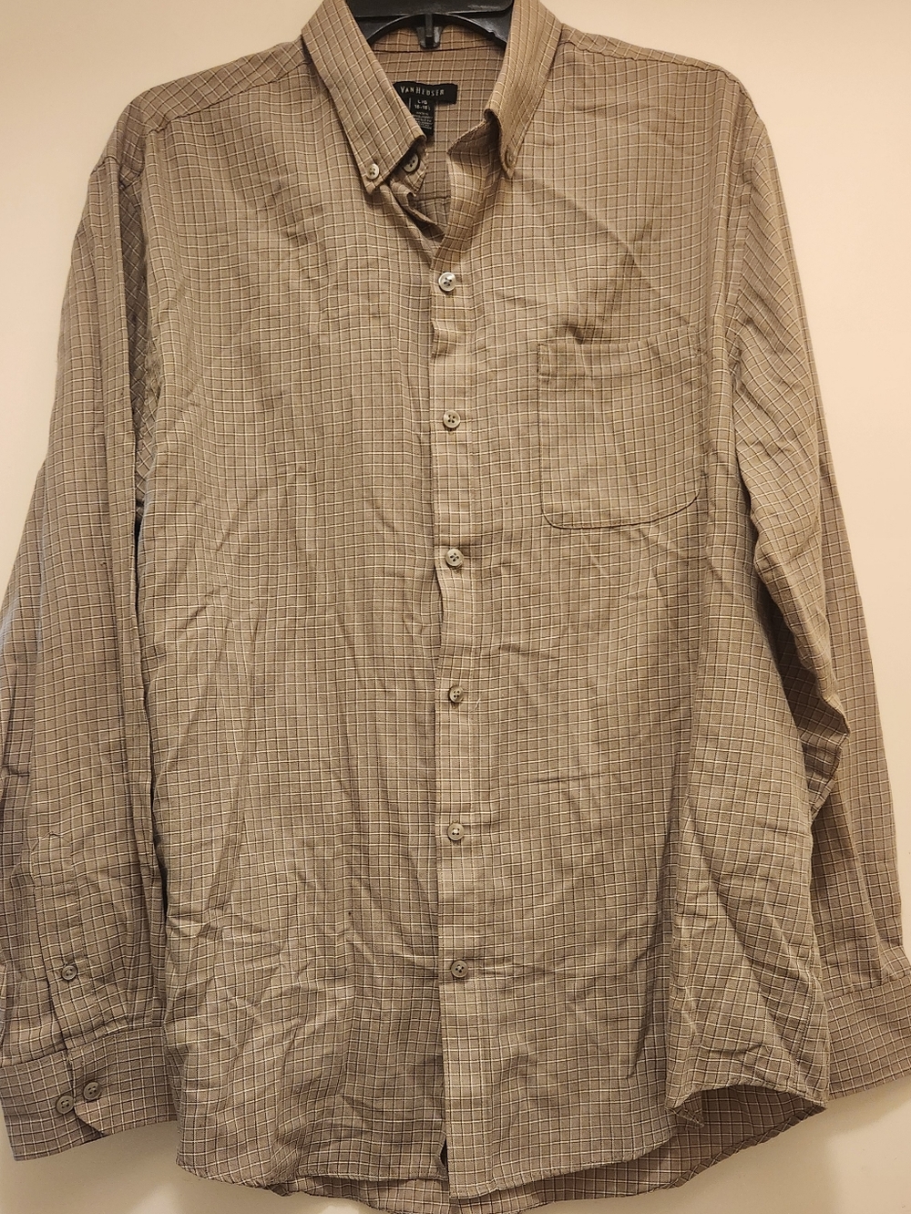 Van Heusen Men's Beige/Tan Checked Button-Down Long Sleeve Shirt, Large